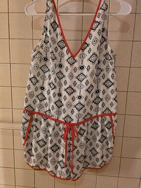THML White Patterned Sleeveless Romper with Coral Trim
